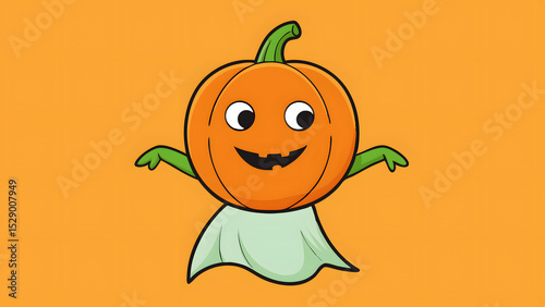 Funny cartoon pumpkin character with a happy face dressed as a playful ghost on bright orange background, perfect for Halloween or autumn themes