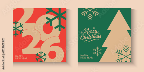 set of Merry Christmas and Happy New Year 2026 greeting card, poster, banner, holiday cover. Xmas template in watercolor style with 2026 design in gold green blue and red colors for ads and promo web