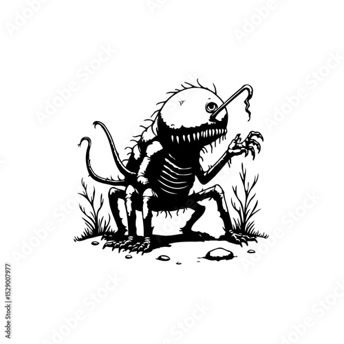 Eerie creature in black and white ink illustration, an alien monster in a field