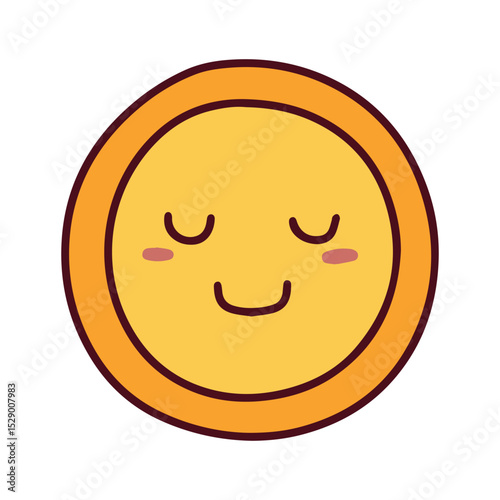 Round yellow sun with thick border, closed eyes and peaceful smile, simple and soft expression for calm visuals