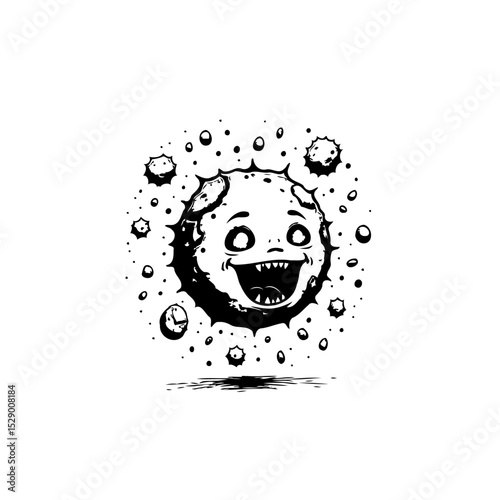 Cartoonish microbe character laughing with joy surrounded by tiny bacteria friends