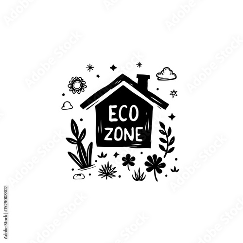 Hand-drawn eco zone house logo, symbolizing sustainability and environmental awareness