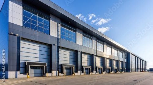 Modern industrial warehouse facade under a clear sky