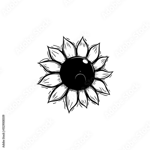 Elegant sunflower illustration, minimalist design with black ink on white backdrop, artistic simplicity