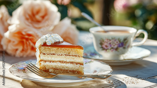 Afternoon tea with floral porcelain tea set, pretty sponge cakes, teatime set amid English garden roses in dappled countryside light
