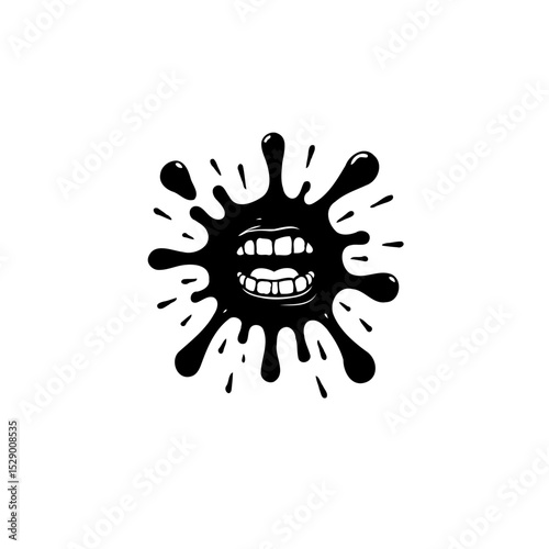 Abstract black ink blot with teeth, representing speech or expression concept