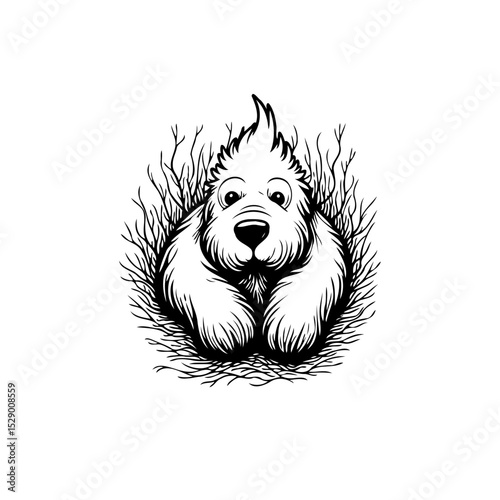 Charming Hand-Drawn Dog Illustration Surrounded by Twigs, Perfect for Whimsical Projects