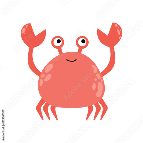 Smiling red crab character with claws up. Fun sea animal illustration Isolated on white background.