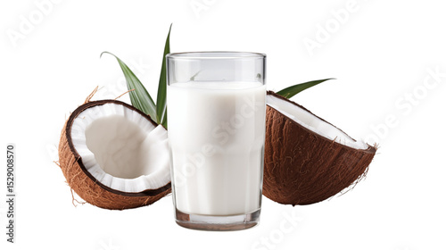 Glass of coconut milk with halved coconuts and leaves on a black background
