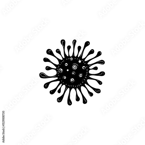 Monochrome vector illustration of a coronavirus cell, isolated on white background