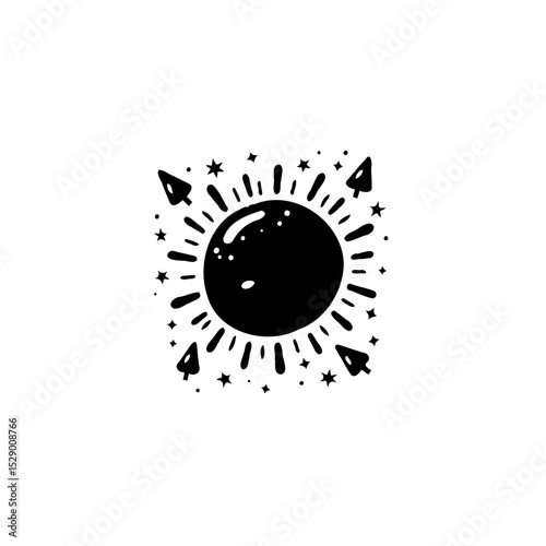 Mystical sun with rays and stars illustration, celestial body in black and white