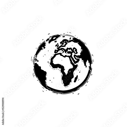 Monochrome depiction of earth continents and oceans on a white background