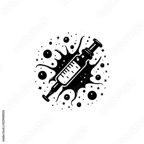 Monochrome Illustration of a Syringe Against a Cellular Pattern Backdrop