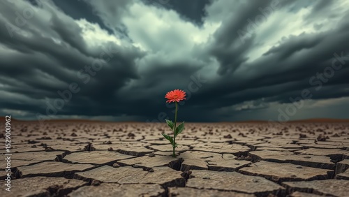 Flowers emerge from cracks in the dry soil, symbolizing climate change.