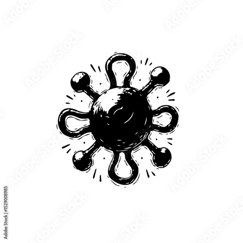 Stylized black and white drawing of a virus cell structure with organic shapes