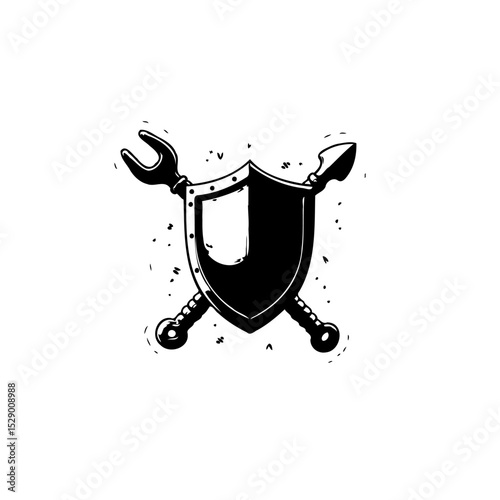 Illustration of medieval shield with crossed weapons evoking protection and defense
