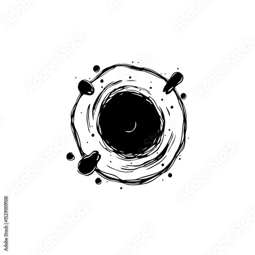 Abstract black and white illustration of a cosmic singularity or dark hole drawing
