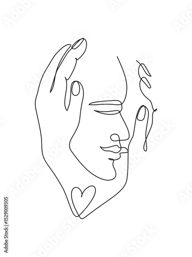 Single line drawing serene human face expressing inner peace and warmth with gently embraced by protective hands, editable stroke.