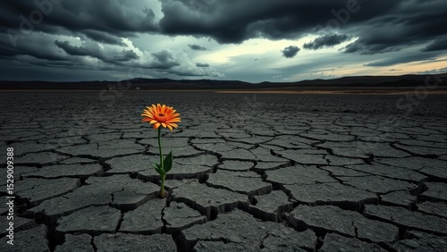 Flowers emerge from cracks in the dry soil, symbolizing climate change.