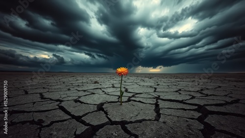 Flowers emerge from cracks in the dry soil, symbolizing climate change.