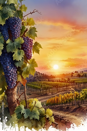 A vineyard at sunset in watercolor style