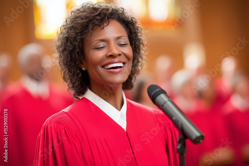 Gospel choir performs with energy featuring a soloist holding a microphone and singing joyfully. Church interior shines with color, emphasizing community spirit