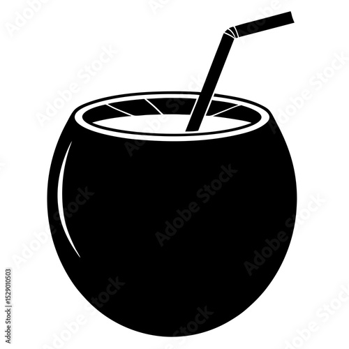 Cool coconut drink with umbrella and straw in black silhouette. Great for vacation ads, tropical flyers, and cocktail visuals.