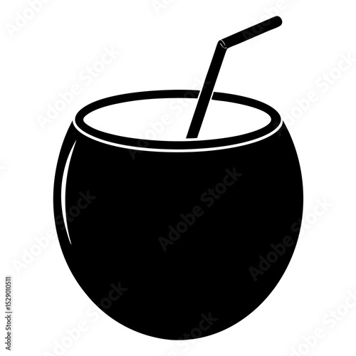 Minimal coconut drink in black silhouette for vacation or summer design use. Great for surf cafes, menus, and party flyers.