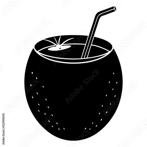 Simple coconut drink silhouette with straw and summer vibes. Ideal for beach bars, summer invites, and drink menu illustrations.
