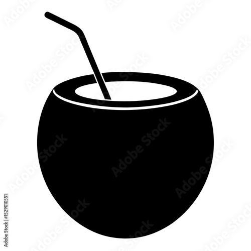 Coconut drink icon in silhouette style with straw and umbrella. Use for tropical cocktails, party themes, or summer branding.