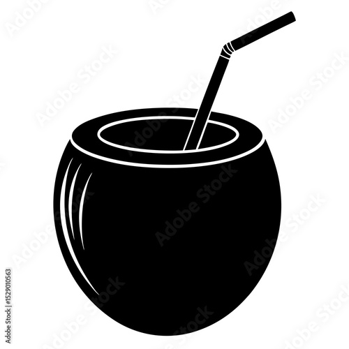 Black silhouette of a coconut drink with straw and palm leaf. Ideal for summer logos, tropical icons, and beach graphic sets.