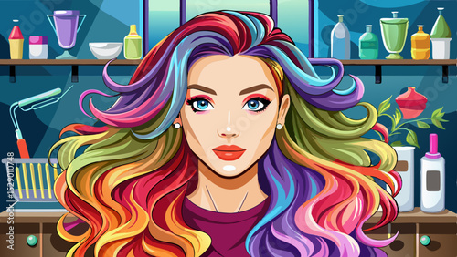 Beautiful Beautiful hairstyle of young woman after dying hair and making highlights in hair salon.