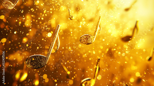 Shiny golden musical notes drift through a bright yellow background, evoking rhythm, melody, and an artistic, energetic vibe