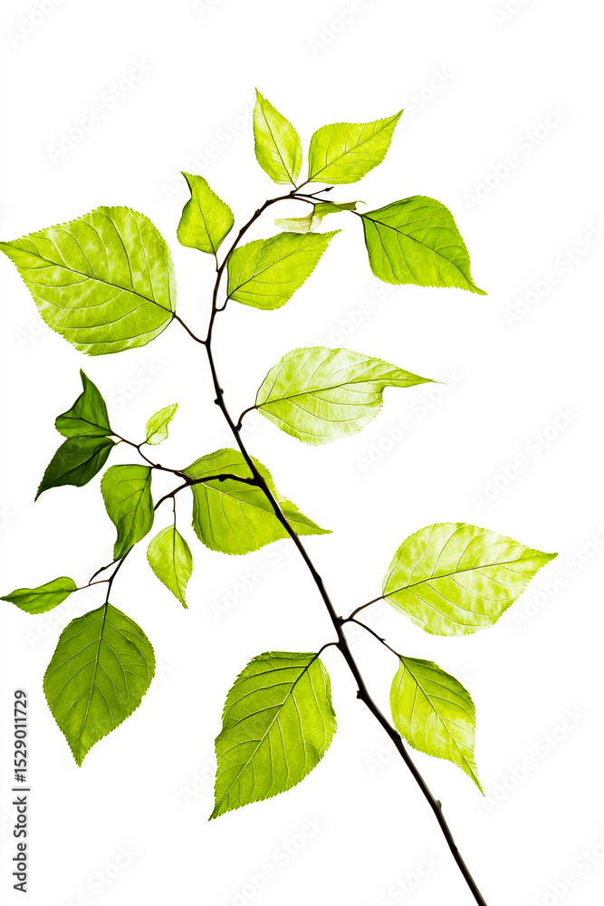 Fototapeta premium Vibrant green leaves on a branch, symbolizing growth and nature's beauty against a clean white background.
