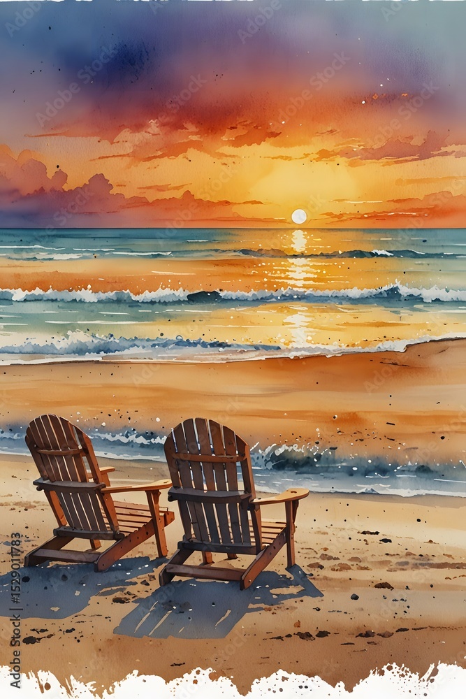 Beach chairs facing the ocean at sunset in watercolor style Beach chairs facing the ocean at sunset in watercolor style