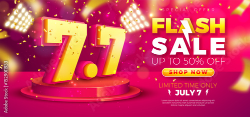 7 July Shopping Day Flash Sale Design with 3d 7.7 Multilayer Number and Stage Podium on Red Background. Vector Summer Special Offer 50 Percent Off Campaign Discount Illustration for Coupon, Voucher