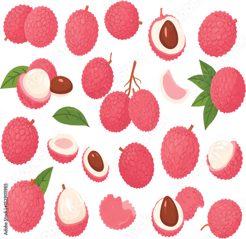 Illustration of many lychee fruits with leaves and open halves  on transparent background