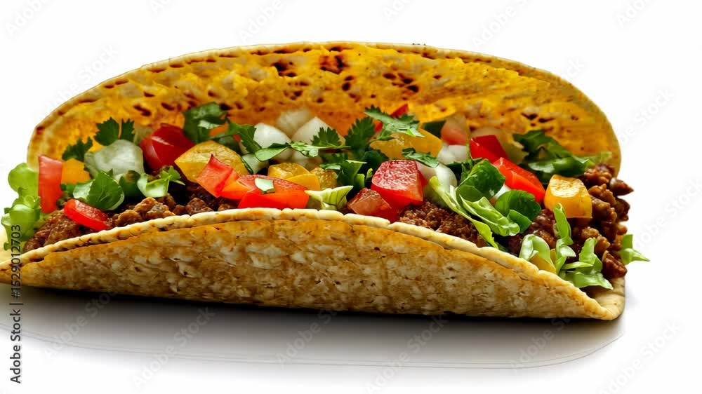 A clean shot of a handmade taco styled with vibrant fillings and soft tortillas.