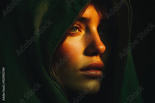 emotional portrait of a woman cloaked in shadow and sunlight, expressing quiet sadness and introspection