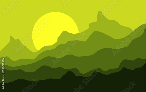Abstract Mountain Flat Color Background. Green Mountain sun vector