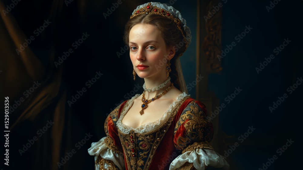 Fototapeta premium Portrait of an elegant Renaissance noblewoman in ornate historical dress, captured in rich detail with lace, jewels, and soft dramatic lighting. Woman. 1