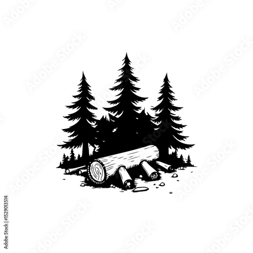 Monochrome forest scene featuring felled log and towering evergreen trees silhouetted
