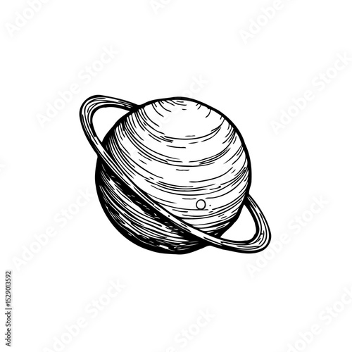 Detailed ink drawing of saturn planet with rings on a white background