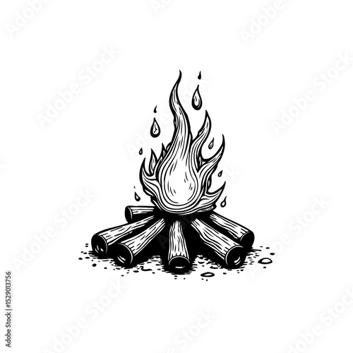Engraved illustration of a campfire with wood logs and bright flames drawing