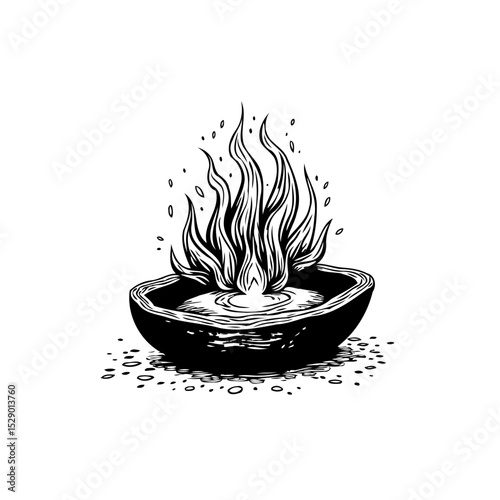 Monochromatic illustration of a mystical flame rising from a rustic bowl design