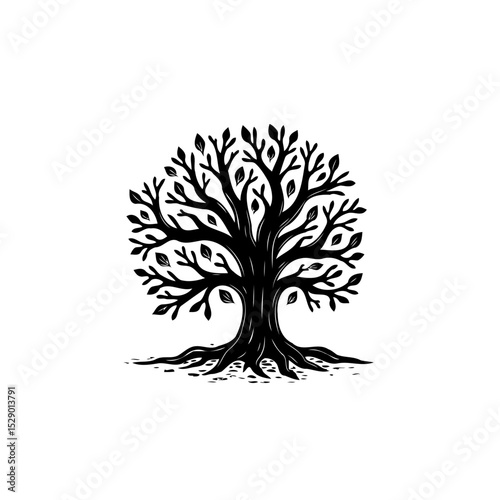 Majestic silhouette of a lush tree with intricate branches and foliage