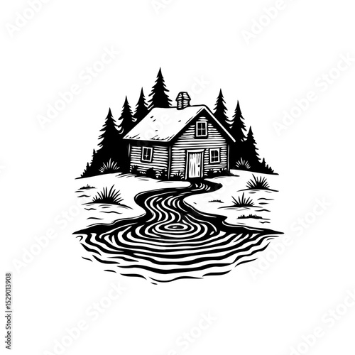 Charming cabin nestled amidst serene forest, reflected in rippling waters scene