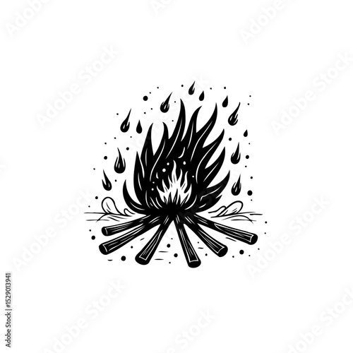 Cozy campfire illustration with falling raindrops or sparks in black and white