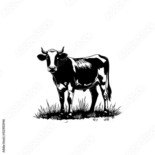 Monochrome vector illustration of a standing cow in grass, perfect for livestock visuals