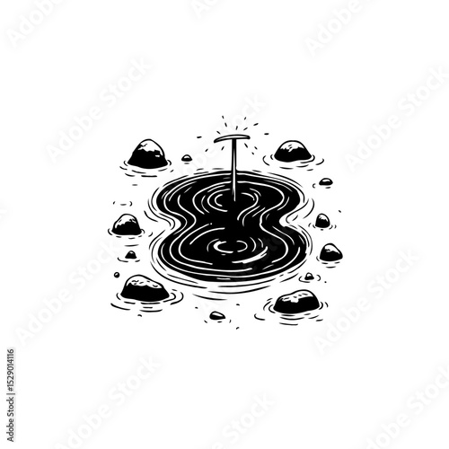 Mystical tranquil dark water source with glowing object and surrounding rocks art